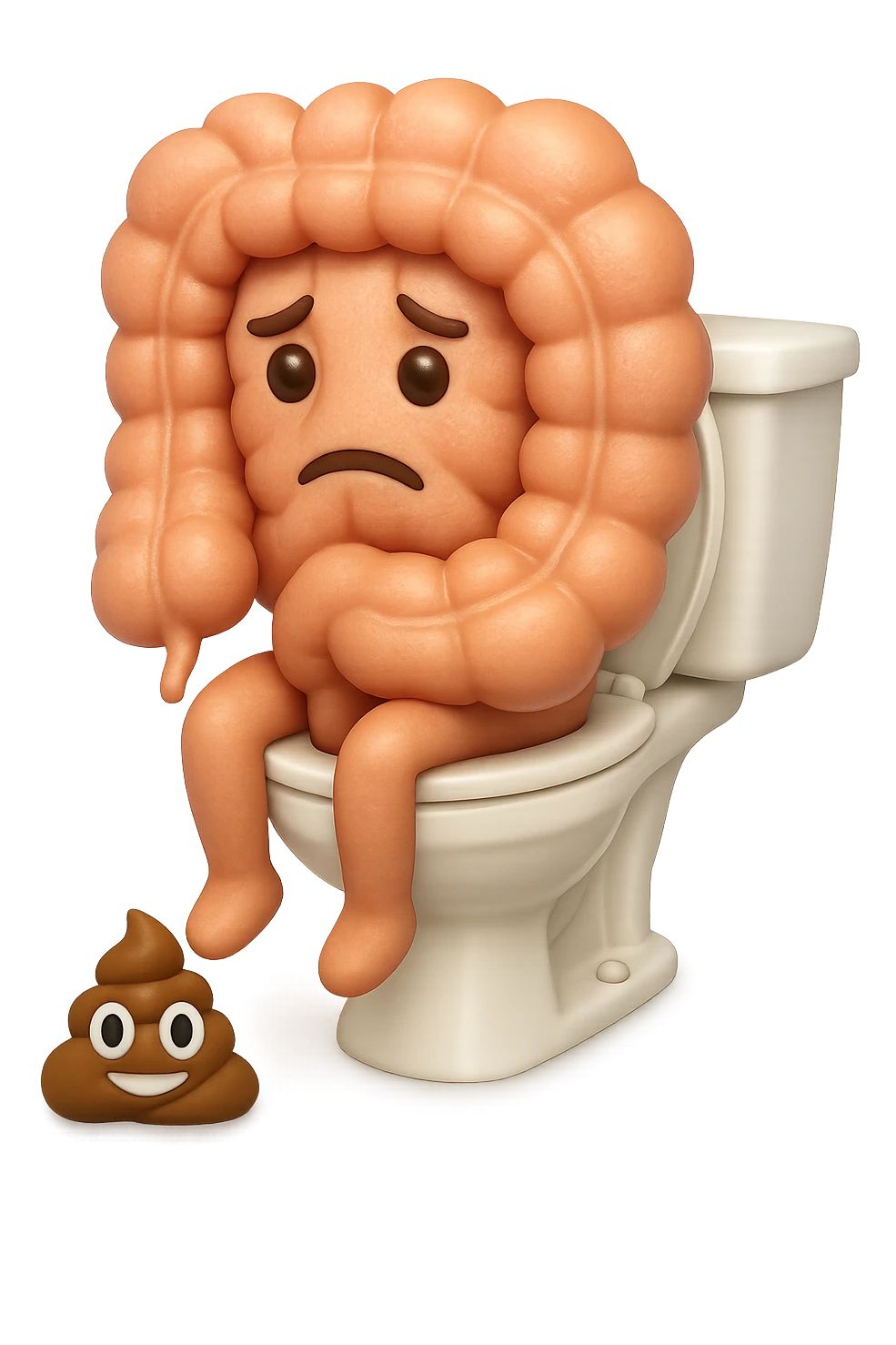 EMOJI STILE IPHONE 3D DI UN INTESTINO CHE sta seduto sul wc e davanti ha una montagnetta di feci a palline stile emoji iphone E FALLO MOLTO REALISTICO IN 3D emoji
