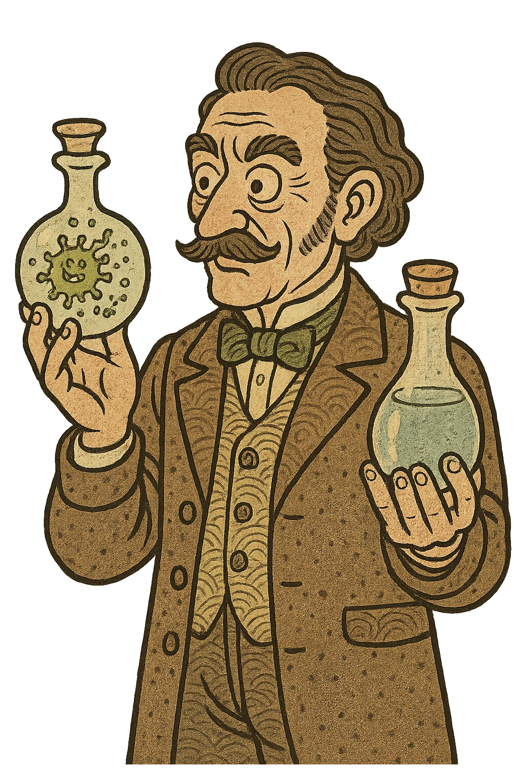a victorian scientist with two sterile bottles one bottle with germs inside without a stopper the other bottle contains clean water with a stopper emoji