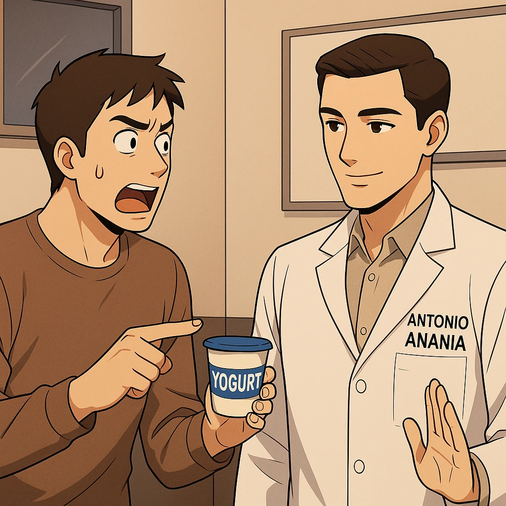 fai un webtoon manga a colori con questo stile, in cui un uomo chiede al kinesiologo con il camice bianco (fagli anche la scritta "ANTONIO ANANIA" SUL CAMICE, una domanda e il kinesiologo gli risponde, L'UOMO INDICA LO YOGURT CHE HA IN MANO ED è MOLTO ALLARMATO NEL FARE LA DOMANDA. non fare i fumetti però, fai solo in modo che sembri stiano parlando emoji