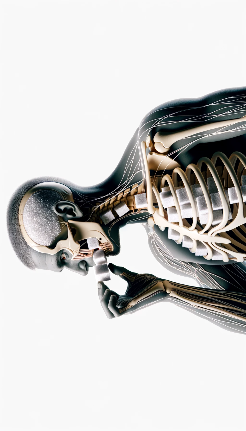 corpo umano anatomico in piedi a figura intera che mangia zollette di zucchero, posa frontale, iperrealistico 4k, isolato su sfondo bianco emoji