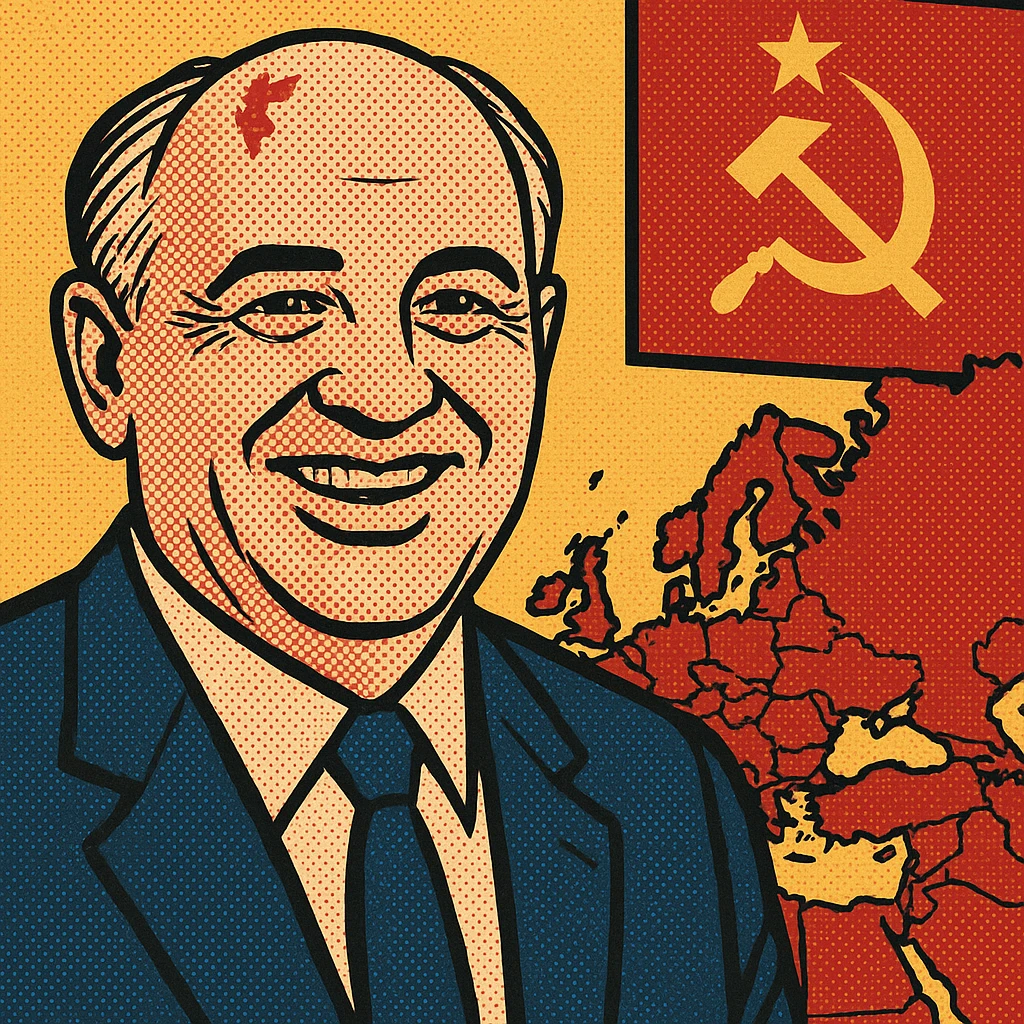 Soviet leader Mikhail Gorbachev with a smile on his face with a map of the Soviet Union and Eastern Europe in the background with the communist flag emoji