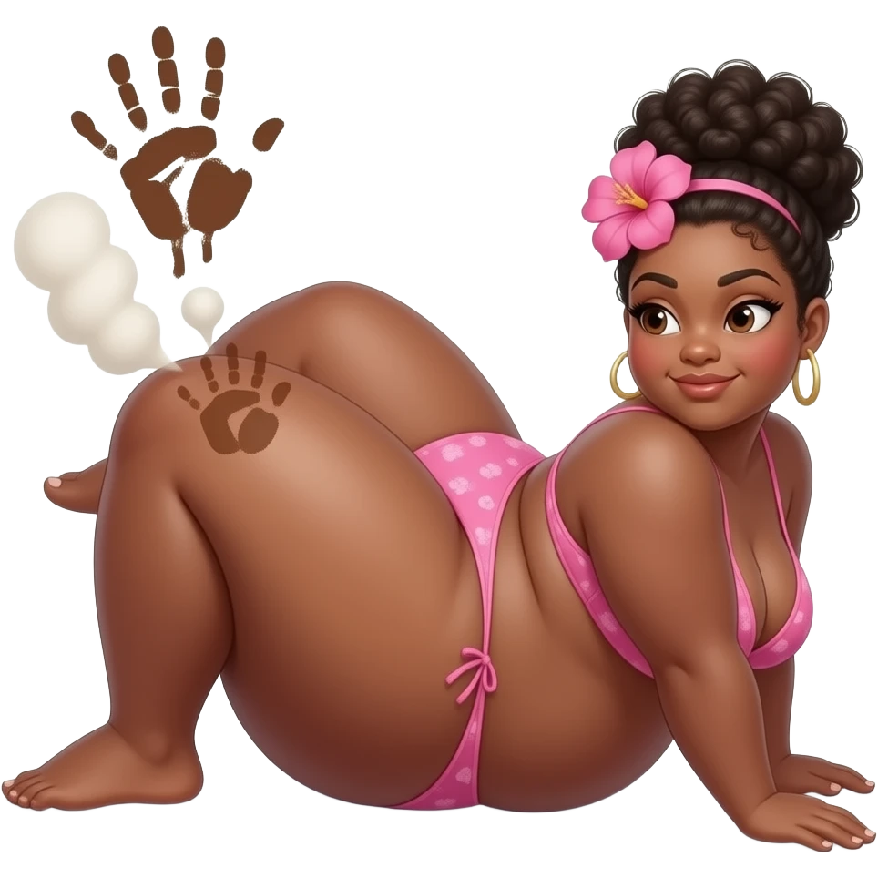 African extremely obese big booty bbl showing back its pink bikini massive thighs while wearing a pink flower on its head while laying front while putting its hands behind her backand the camera is facing at her left buttock an brown hand print on left buttock while farting emoji