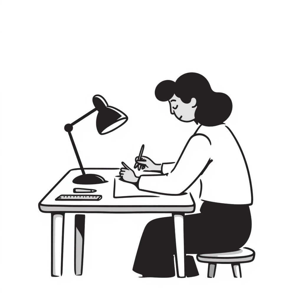 Make the stick figure a woman, working on her designs, keep the same hand drawn doodle style. emoji