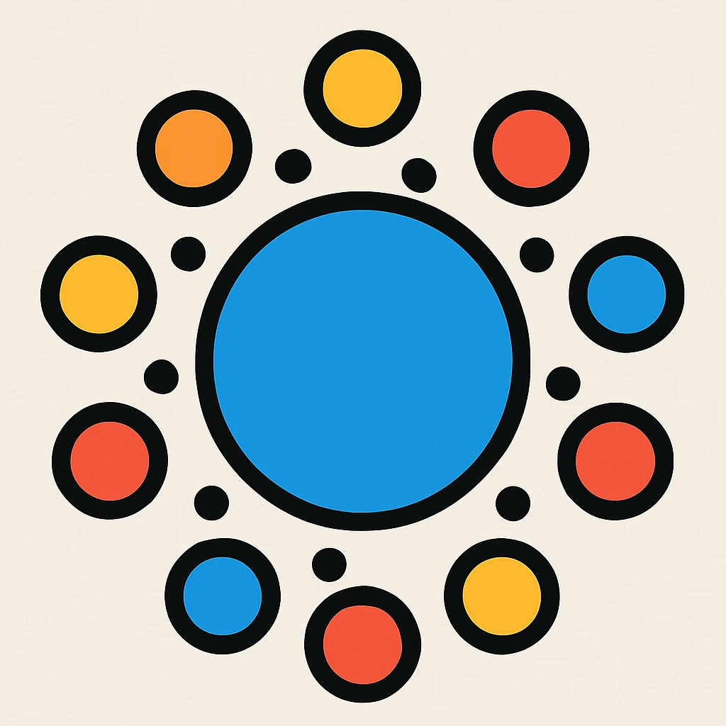 Redesign the image as a symbolic logo featuring 9 dots arranged evenly around a circle, representing founders in a study circle. Use a modern, abstract, and engaging style. No text. emoji