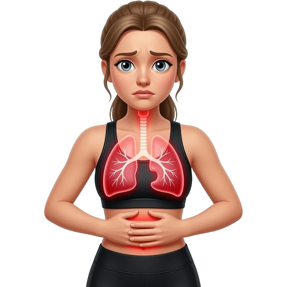 breathing discomfort, red glow on left and right lung area, woman with hands on ribs, fair-skinned woman, gray-blue eyes, ash brown brows, ash light brown hair tied back, slim athletic body, black workout set emoji