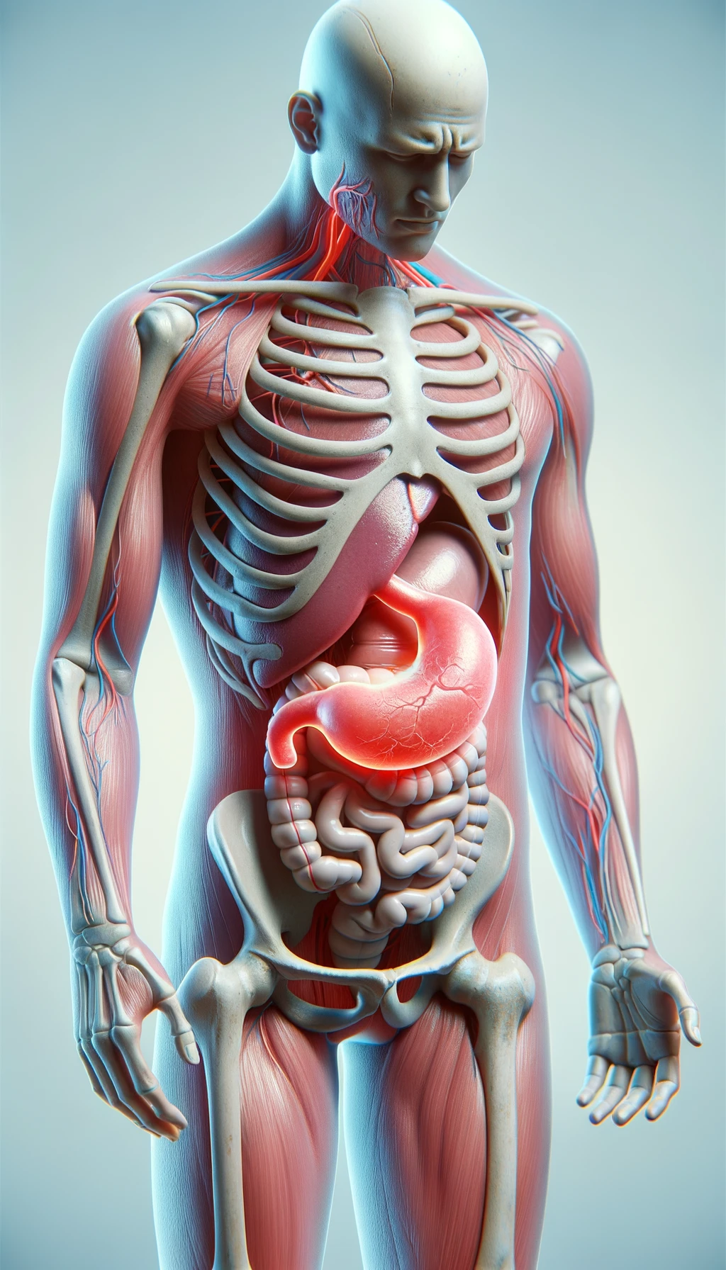 cistifellea umana anatomica realistica e intestino sono collegati nel dolore, sfondo chiaro emoji