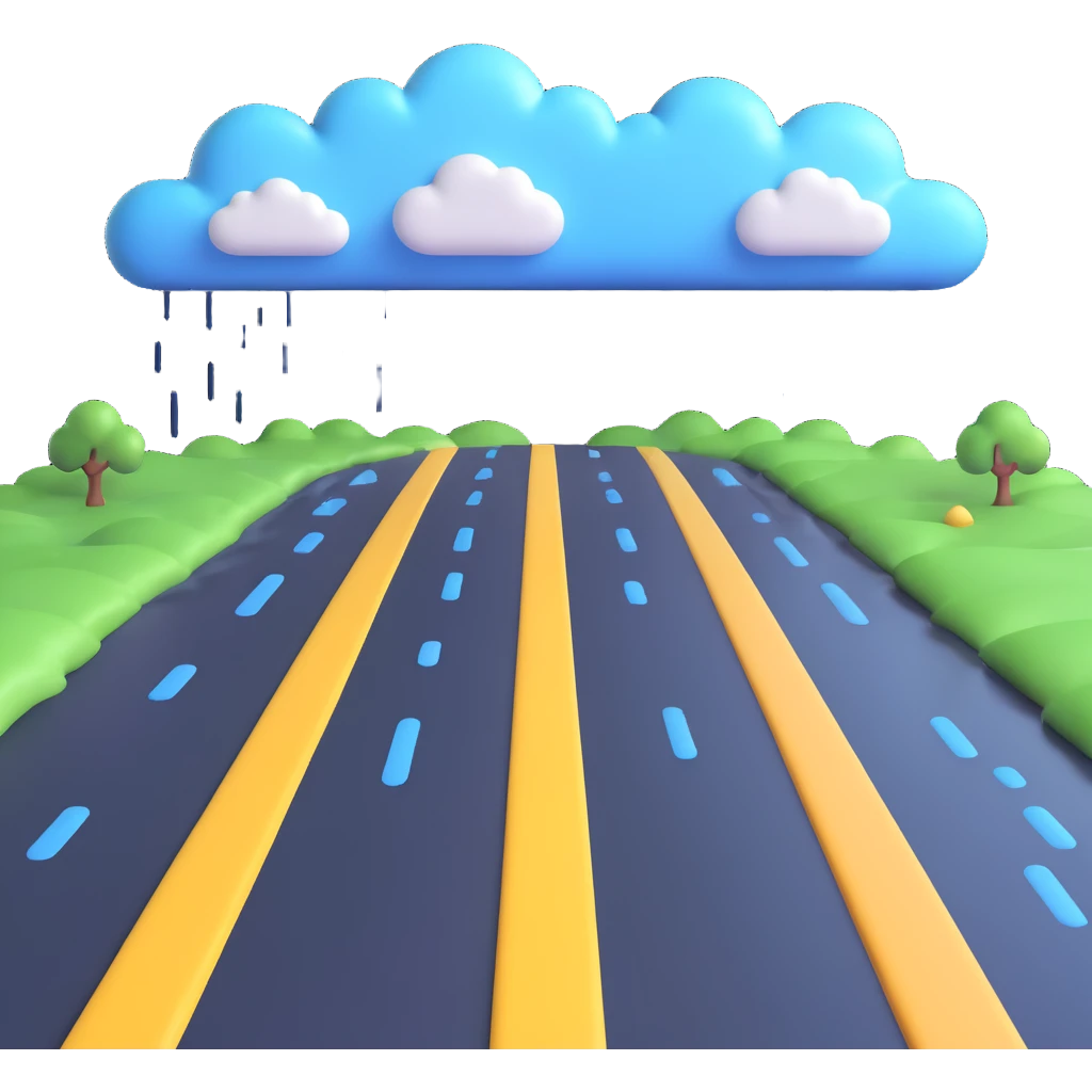 a rainy road with shiny wet pavement and cartoon clouds in 3D emoji style emoji