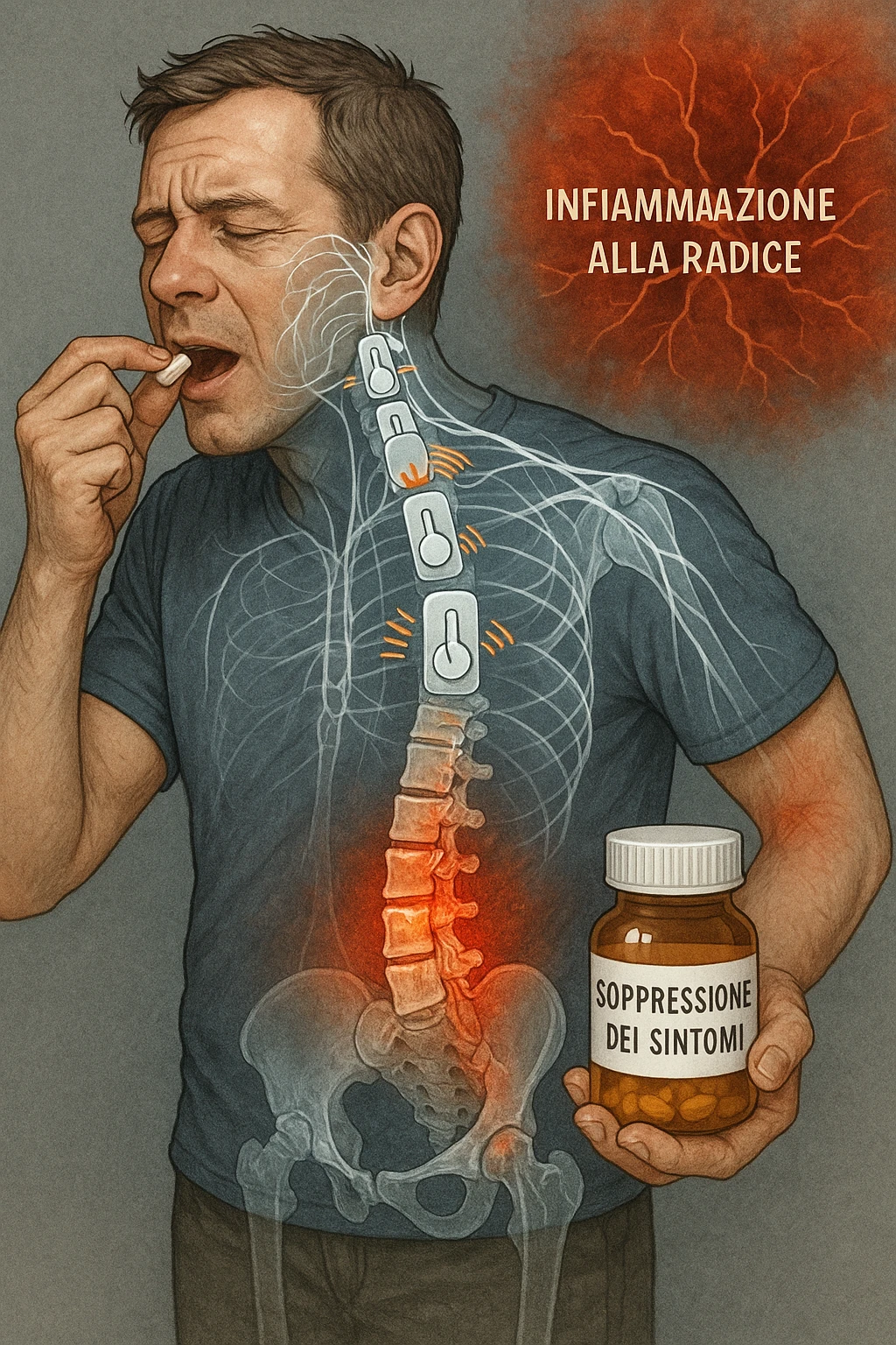 Man taking pain medication for chronic back pain, pills shown as dimmer switches turning down pain signals in transparent nervous system overlay, underlying spinal damage remaining completely untreated and worsening, expression of temporary relief masking progressive deterioration, medication bottle labeled 'symptom suppression' not 'cure', root cause inflammation continuing to spread in italiano emoji