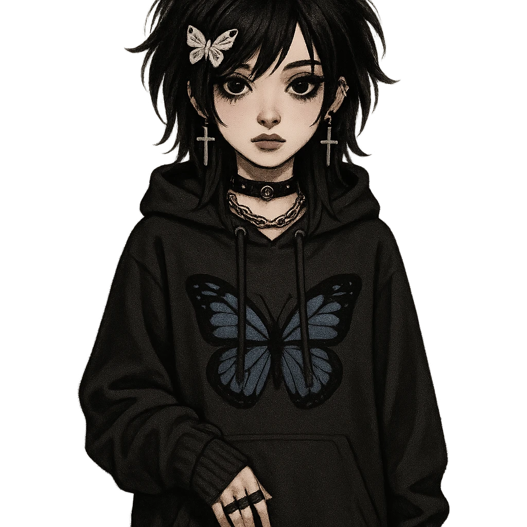 emo girl with heart-shaped face, oversized hoodie, butterfly motif, gothic accessories emoji