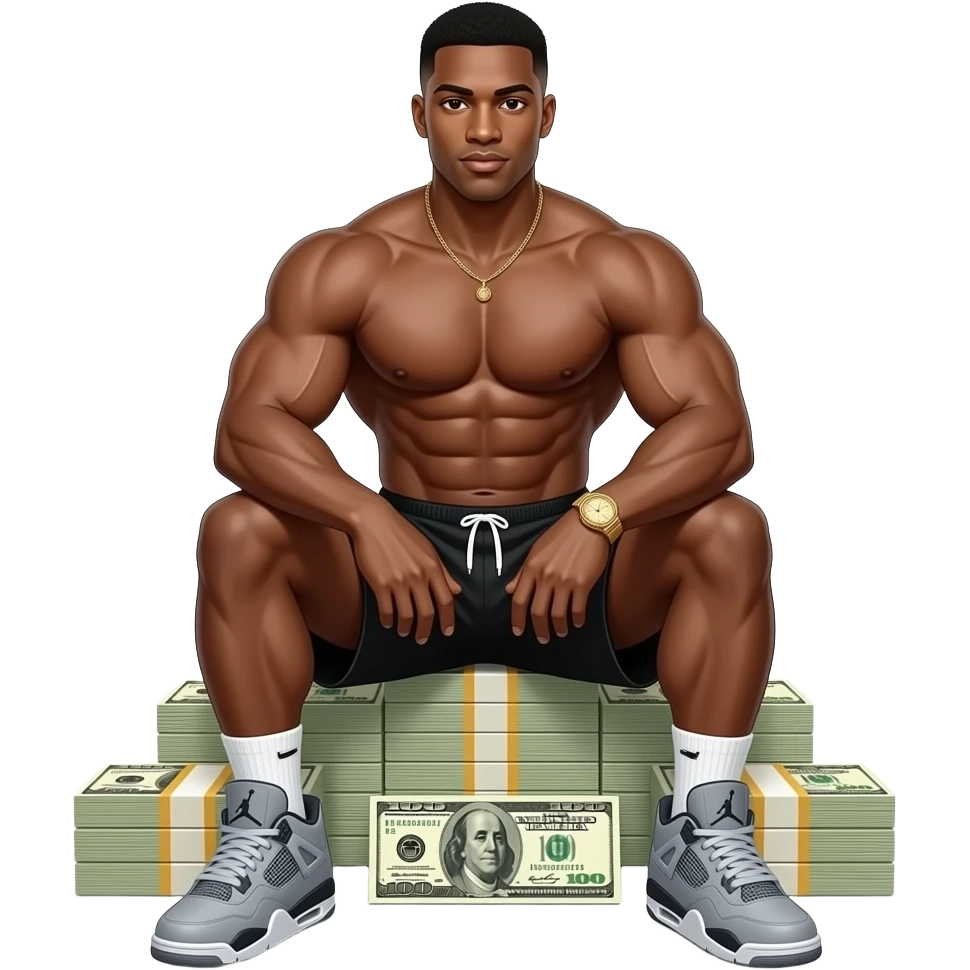 make a 20 year old man black skinned with like soooo many abs it’s hard to count and giant muscles wearing black jordan shorts and the jordan guy is white with grey jordan 4’s and a gold rolex watch on sitting on stacks of money emoji
