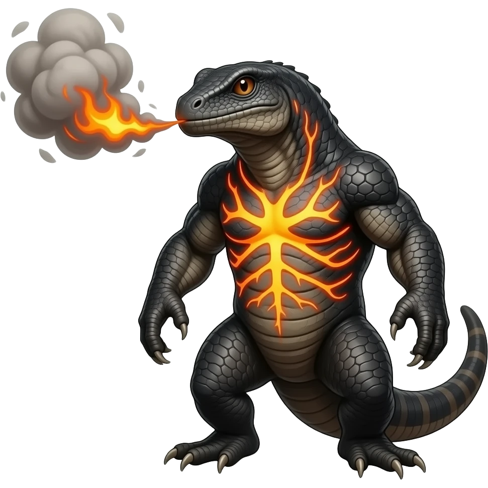 imaginary Creature: A stocky reptilian creature that stores heat in its chest and exhales thick, burning ash clouds. It prefers dry canyons and volcanic slopes emoji