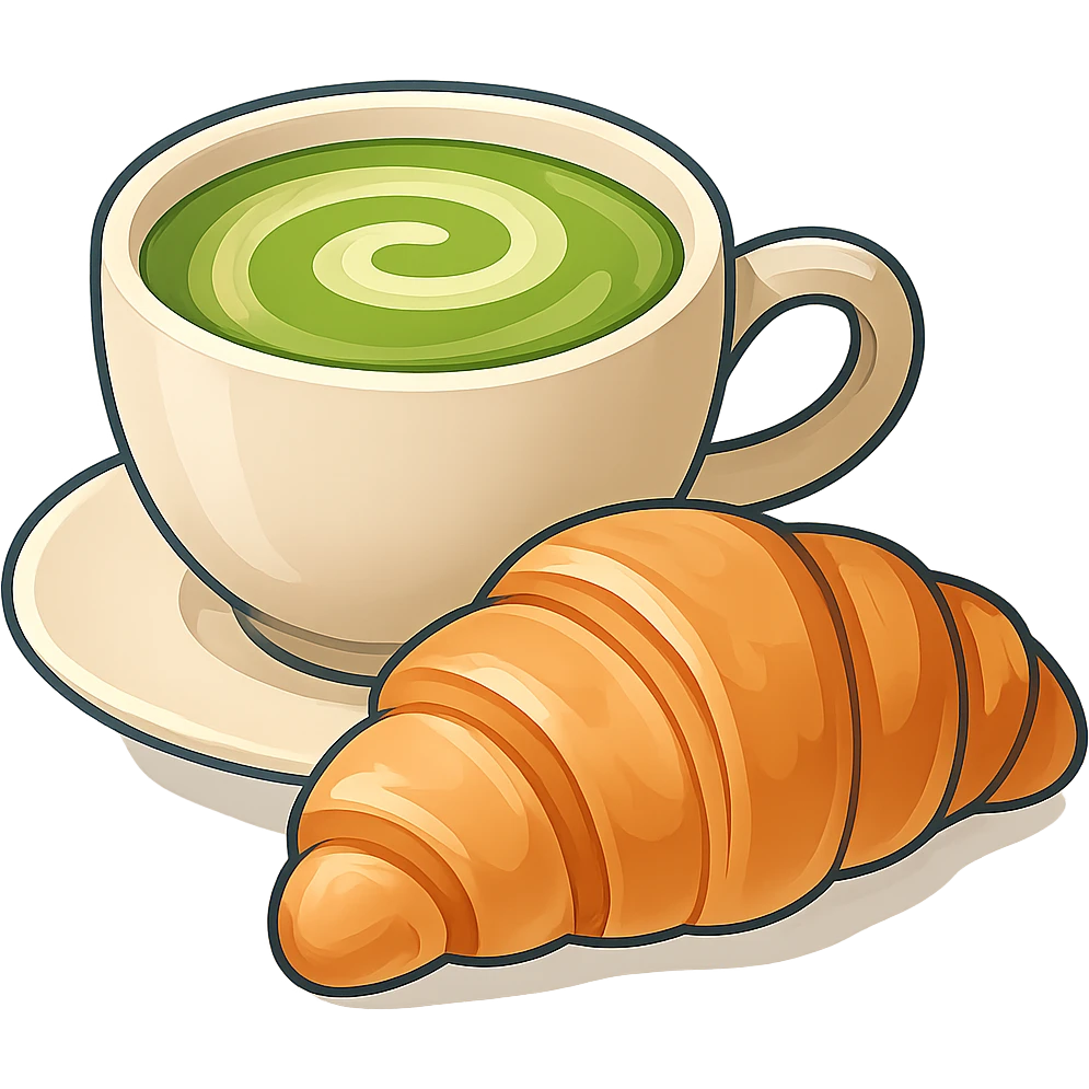 Make the matcha latte and croissant more detailed, add subtle gradients and highlights, keep the minimal flat color style. emoji