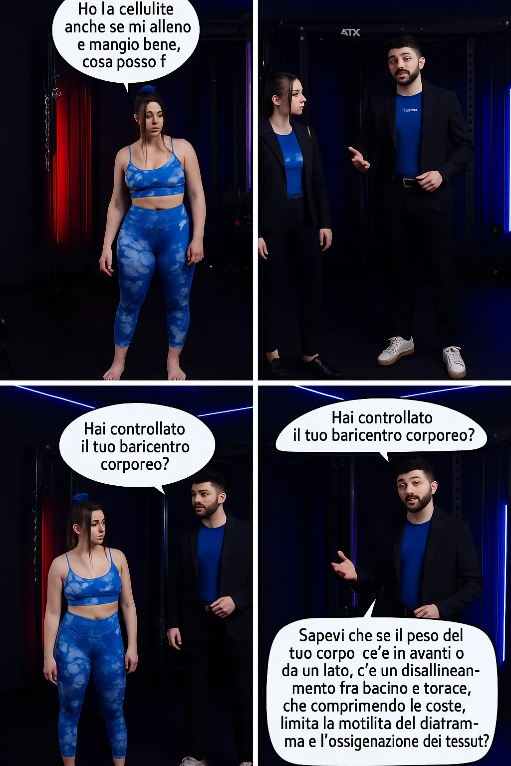 TRASFORMA QUESTO CAROSELLO IN UN FUMETTO CON QUESTE DUE PERSONE IDENTICHE CHE INTERLOQUISCONO TRA LORO:

LEI: Ho la cellulite anche se mi alleno e mangio bene, cosa posso fare?

LUI: Hai controllato il tuo baricentro corporeo?
Sapevi che se il peso del tuo corpo cade in avanti o da un lato, c’è un disallineamento fra bacino e torace, che comprimendo le coste, limita la motilità del diaframma e l’ossigenazione dei tessuti?
Il mio è il primo e unico percorso che lavora sugli inestetismi con un lavoro mirato sul baricentro corporeo. emoji
