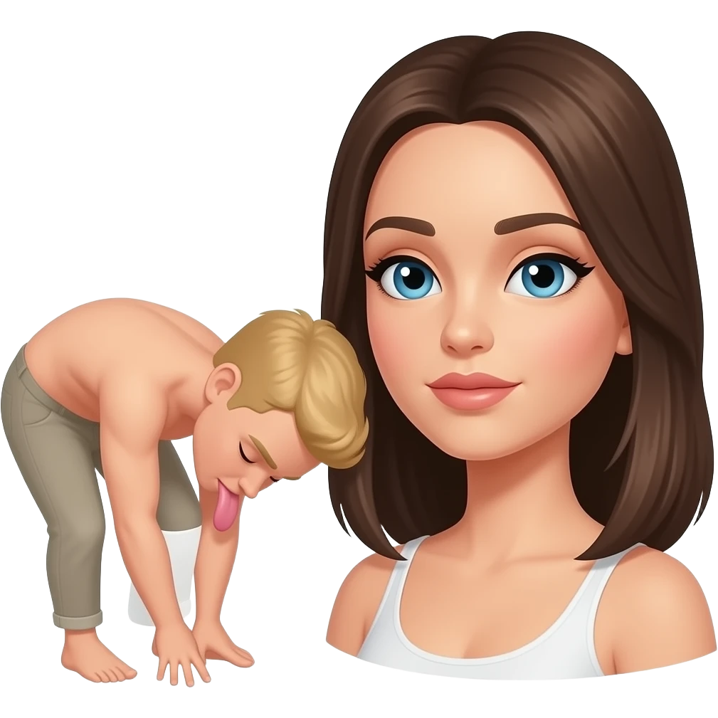 Blonde man with closed eyes bowed, licking soles of a dominant brunette emoji