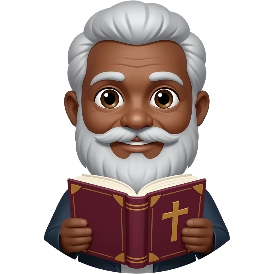 wise old man with grey hair little smile brown eyes white beard black skin with burgundy book that has a cross on it no circle emoji