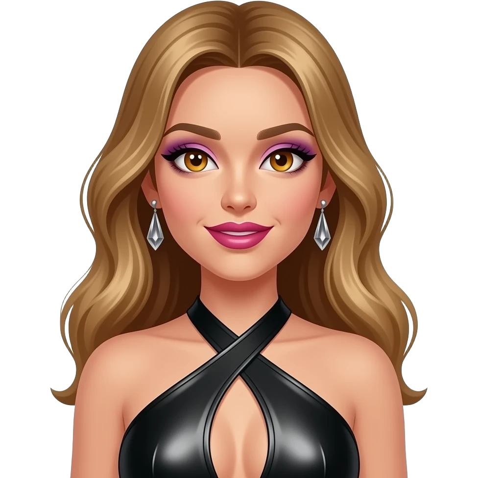 Lee Purcell with amber eyes, long golden brown flick hair, purple eyeshadow, hot pink lipstick, black metallic halter dress, earrings emoji