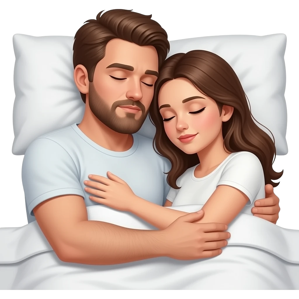 Realistic white man brown hair with beard hugging while sleeping in bed with white girl brown hair emoji