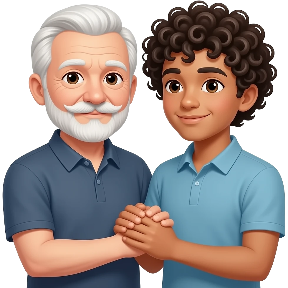 Love between an older man with short white hair and handlebar mustache and goatee with young man with curly dark hair emoji