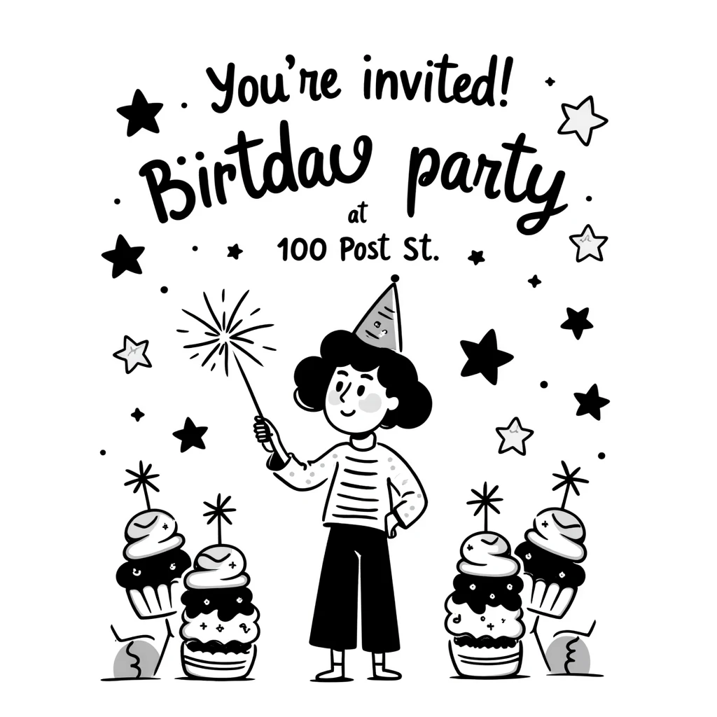 colorful magical themed birthday party invitation illustration with sparkles, wands, whimsical decorations, and the text: "You're Invited! Birthday Party at 100 Post St, San Francisco, May 10, 2025" emoji