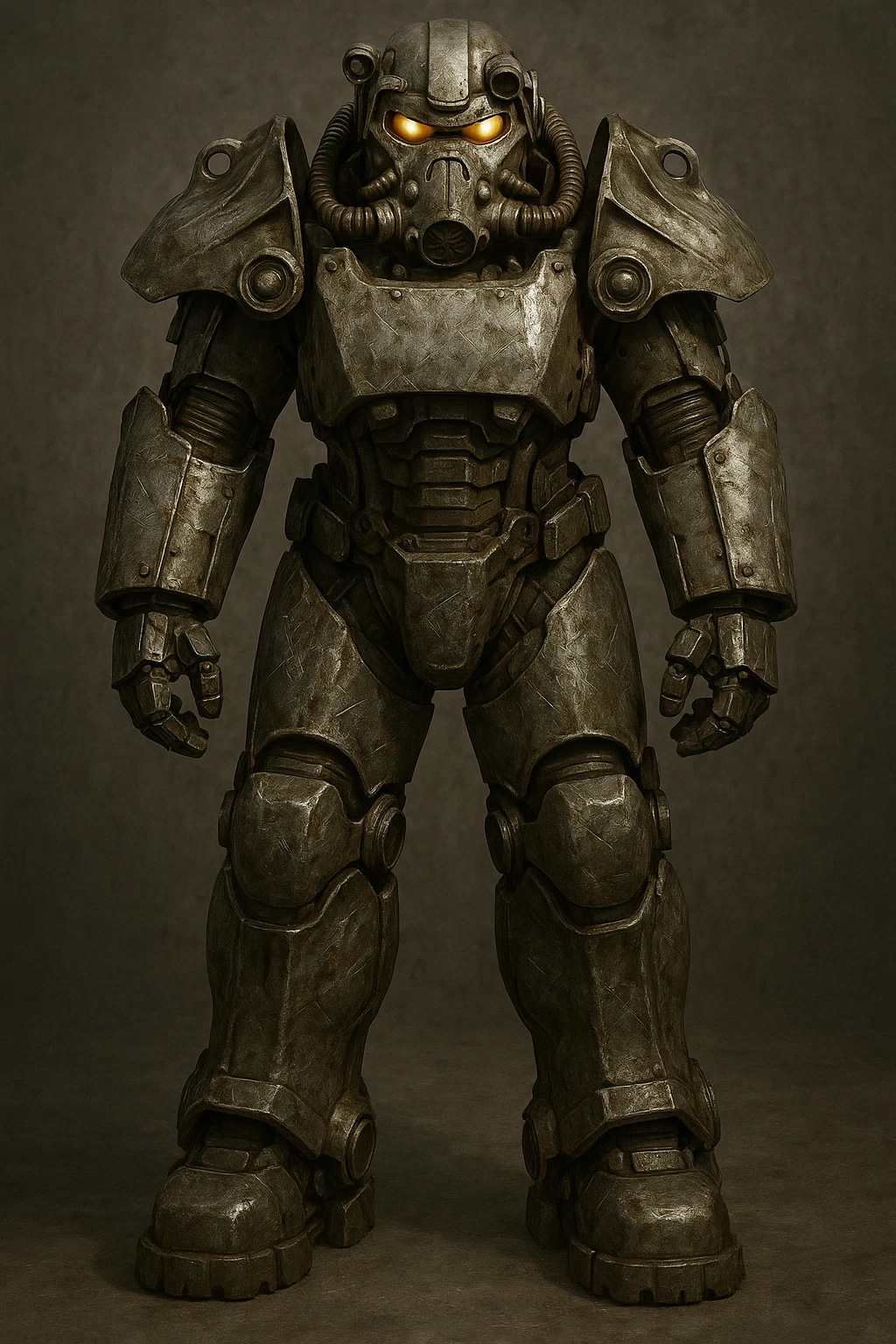 X-01 power armor, standing pose, battle-worn, scratched metal, glowing eyes emoji