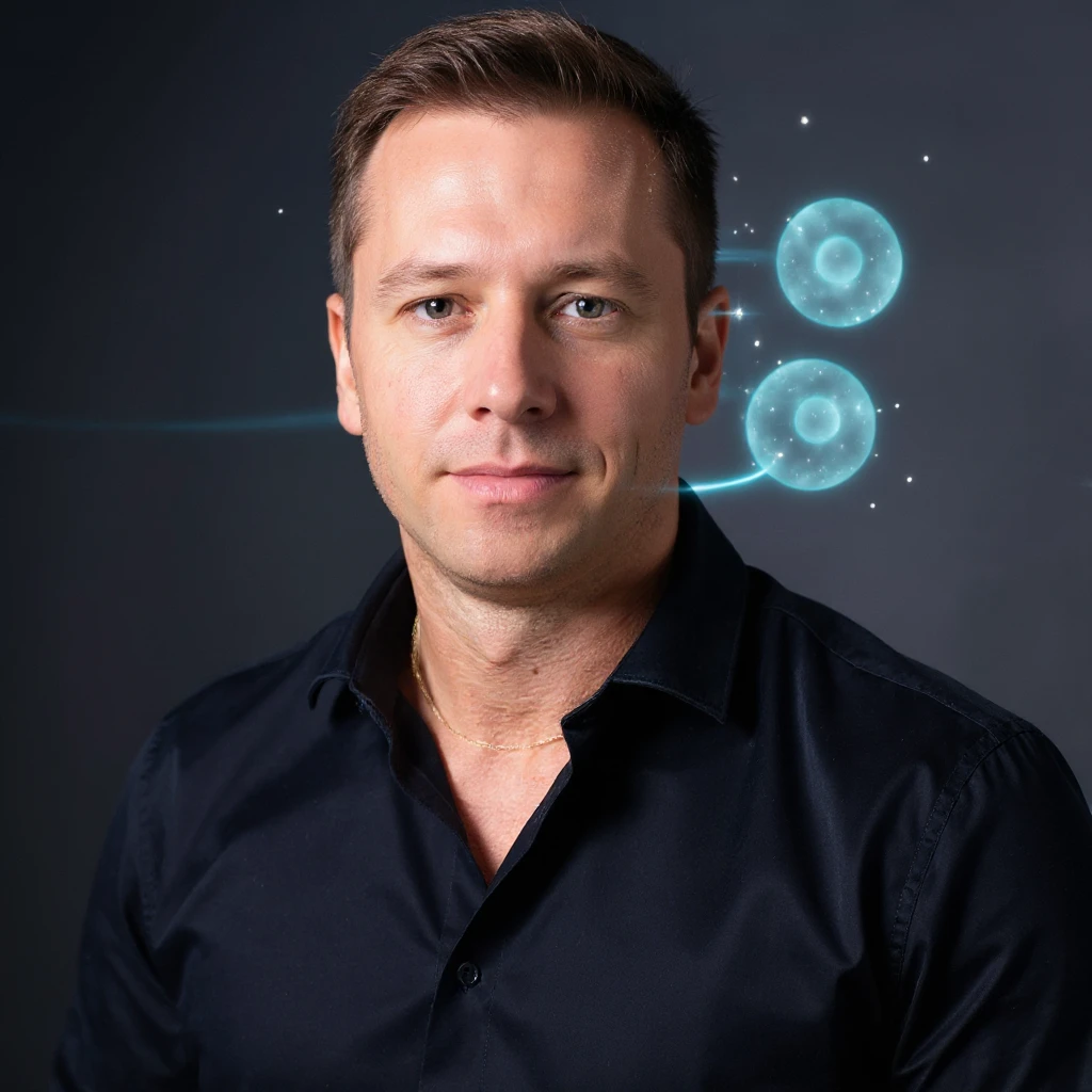 Vertical portrait, only the man's face in a realistic style with a relaxed expression. Include symbols of renewing cells or small sparks of energy near the face to represent cellular regeneration during fasting. The atmosphere should convey regeneration and vitality. emoji