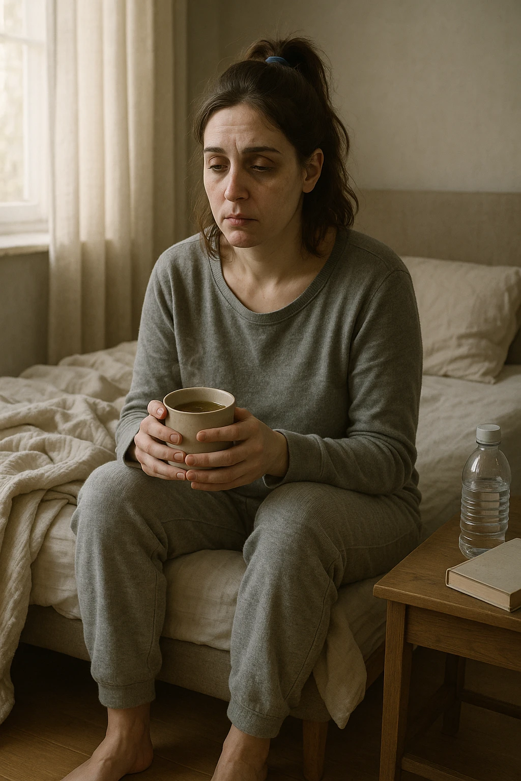 A realistic, cinematic illustration of a woman in her early 30s with a tired, pale appearance, sitting on the edge of her bed in a softly lit bedroom during the morning, looking exhausted and drained. Her posture is slightly slouched, and dark circles are visible under her eyes. She wears comfortable loungewear, holding a warm cup of herbal tea in her hands, seeking comfort. The scene includes a cozy yet slightly messy room with a blanket, a water bottle, and a book on the nightstand, emphasizing chronic fatigue. Soft natural light comes through the window, highlighting her expression of persistent tiredness despite rest, capturing the invisible struggle of chronic fatigue syndrome while maintaining dignity and a gentle aesthetic. emoji