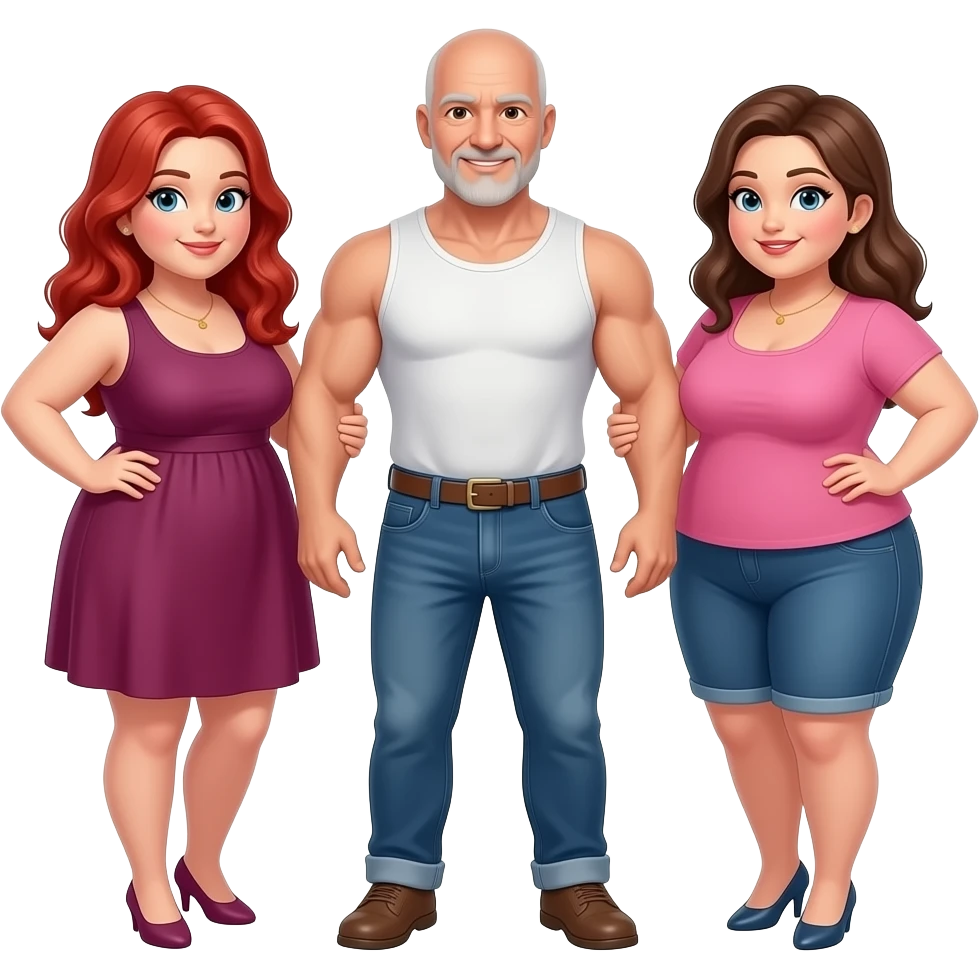 Handsome, bald,  muscular man with goatee, age 57,  standing between  2 very full figured women, redhead and brunette with larger breasts emoji