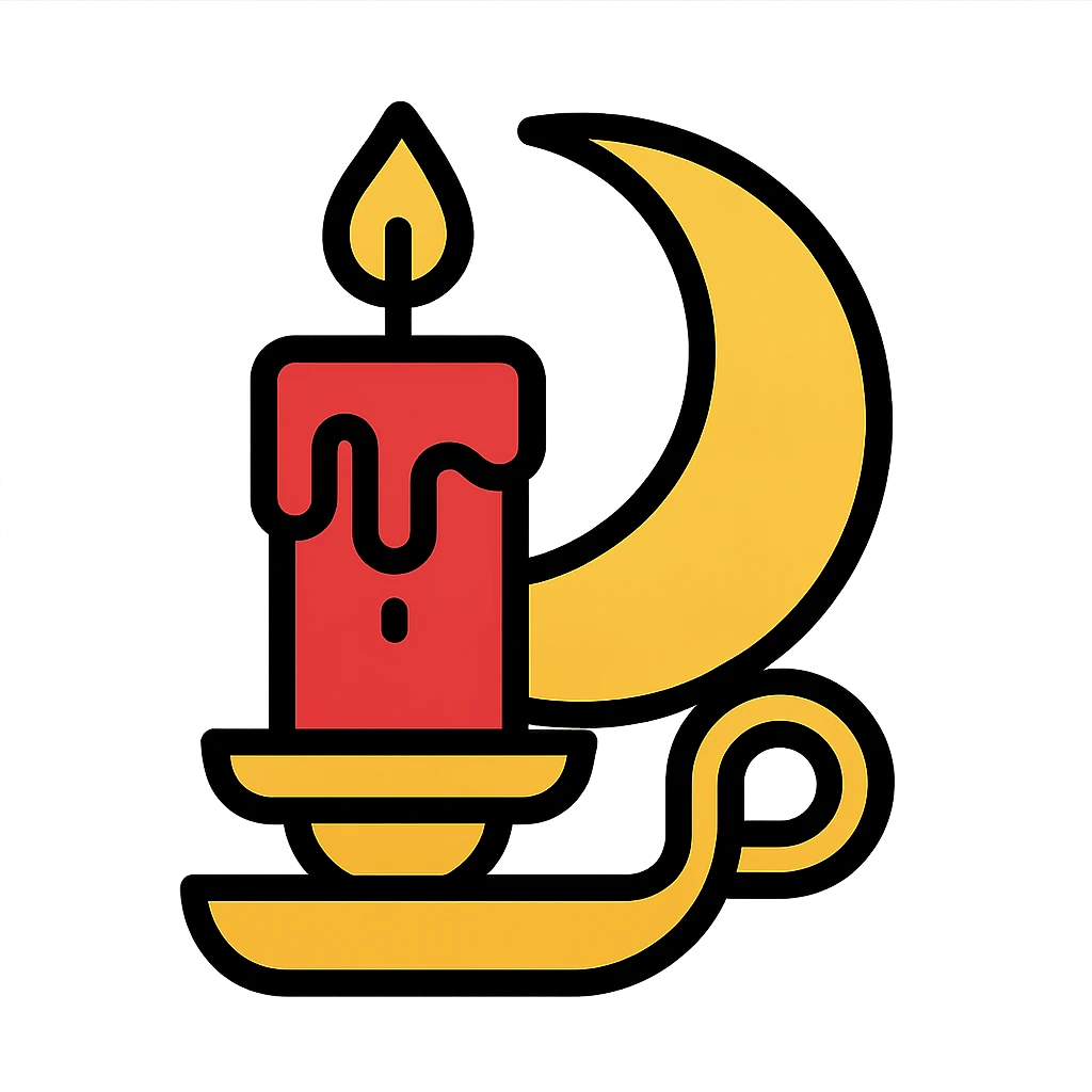 dripping red candle in a gold holder with a crescent moon in the background emoji