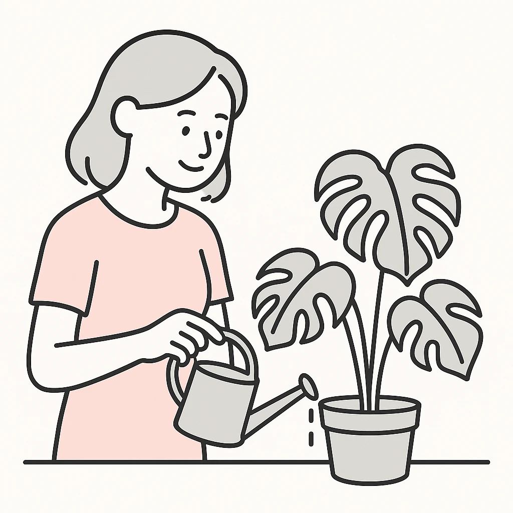 woman watering her monstera plant emoji