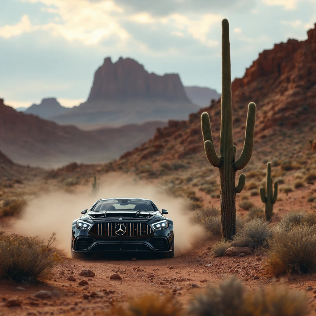 mercedes amg on desert next to cactus faun, cinematic emoji