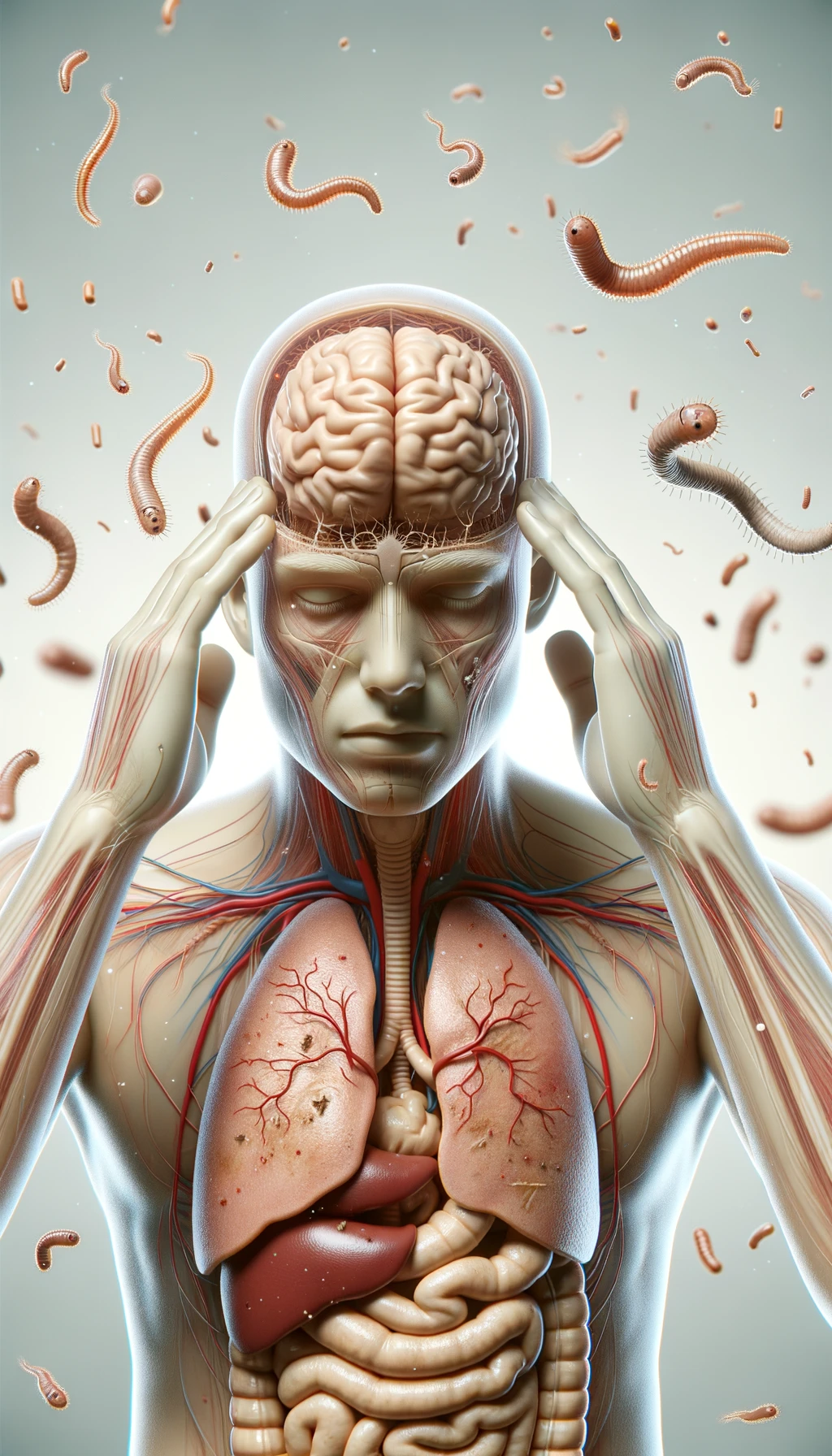 CORPO UMANO ANATOMICO CON MANI SULLE TEMPIE STRESSATO, INTORNO A LUI FLUTTUANO PARASSITI COME LA TENIA, INTESTINO E CERVELLO ANATOMICI IN EVIDENZA, SFONDO CHIARO NEUTRO, IPERREALISTICO 4K emoji
