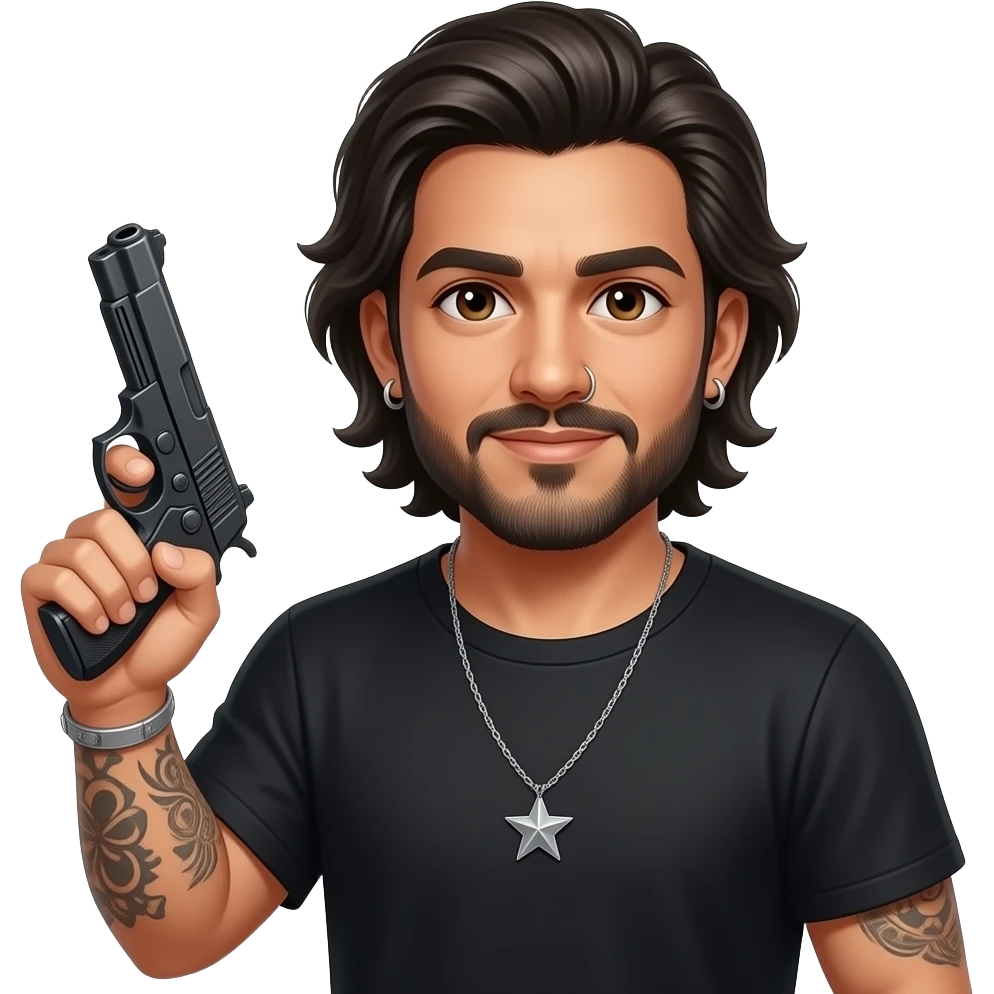 The handsome manly Latino podcast host with medium length hair, a long slightly graying beard and tattoos with his ears pierced 1 time each ear and a nose ring on the right side, dark brown eyes, jewelry, holding a pistol emoji