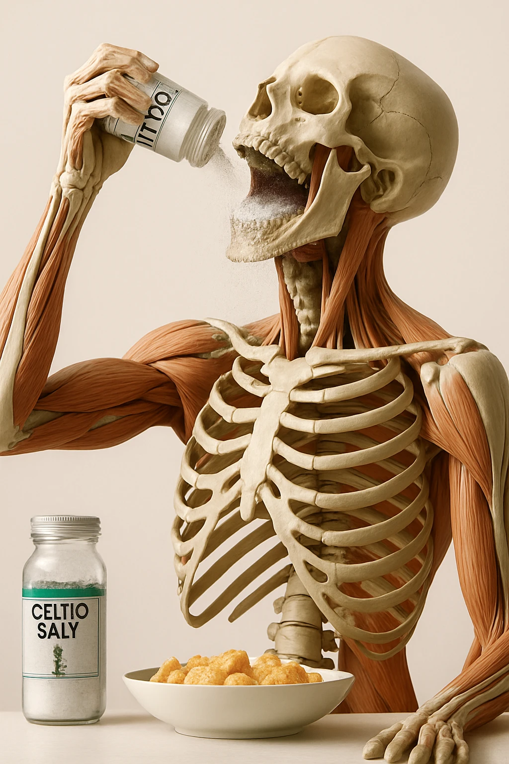 Create a vertical hyperrealistic 4K medical illustration in the style of the reference image. Depict an anatomically accurate human body holding a jar labeled 'CELTIC SALT', tossing salt into his mouth at breakfast. The background should be neutral and clear, with extreme detail and vertical format. Maintain the ultra-detailed medical illustration style as in the reference. emoji