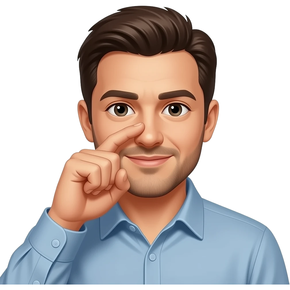 A guy putting his hand on his nose like it a buster but his finger is half circle emoji