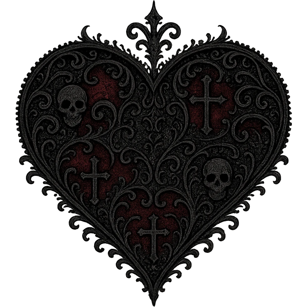 goth heart, black and deep red, ornate lace, subtle skull or cross motif, moody atmosphere, no background emoji