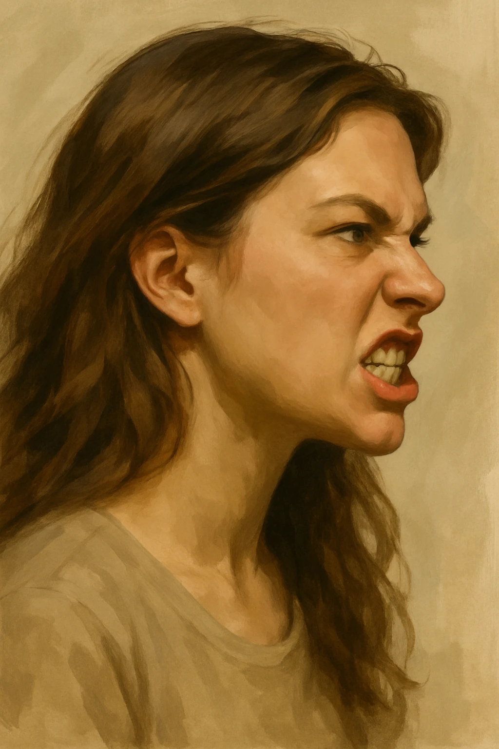 woman making grr, fierce expression, profile face, loose hair, simplified realistic style emoji