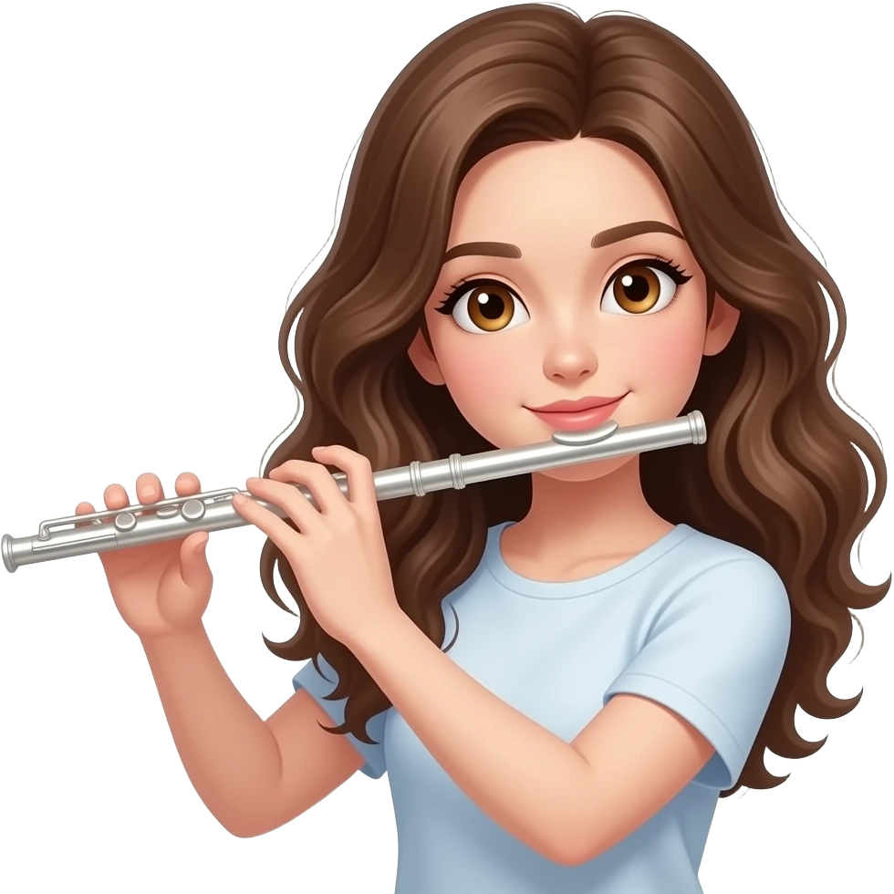 white girl with wavey brown hair and hazel eyes playing flute emoji