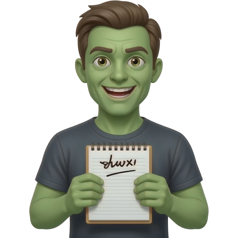 zombie green men in T shirt toned holding Notepaper in two hands and showing emoji