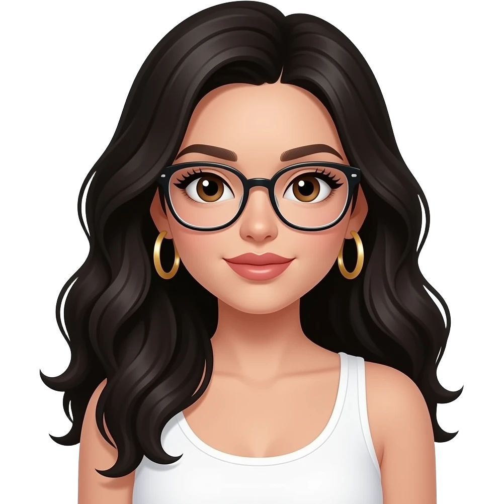 white girl, very beautiful woman, with big plump lips, long long lashes, black wavy long hair, brown eyes, white tank top, gold hoop earrings and glasses emoji
