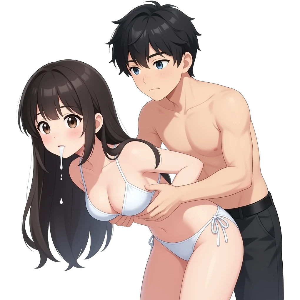 make a anime girl bending down  make the boy wearing no cloths and the girl wearing see through bikinis and more white siliva dripping out her mouth and make the boy help her from behind by using his hands to grab her boobs emoji
