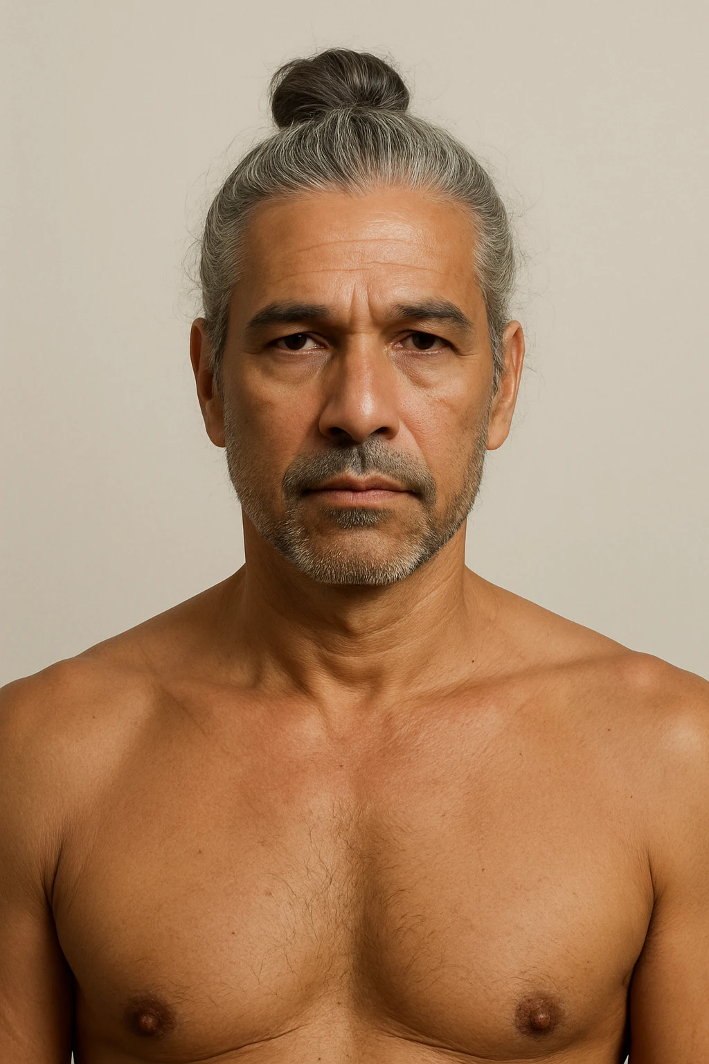 brown tanned man over 40 with long grey hair in a bun, neutral expression, upper body, plain background emoji