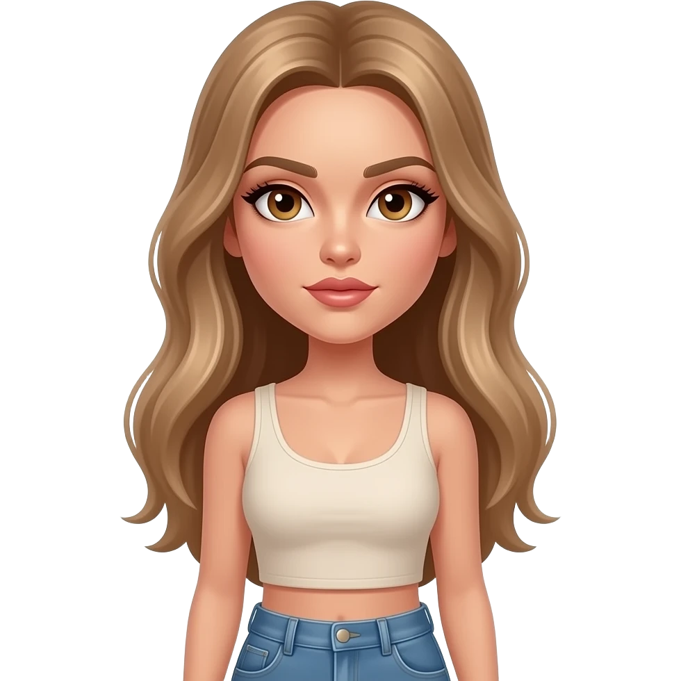 Woman with an oval face, light tan glowing skin, large almond-shaped hazel eyes with long lashes, light full arched eyebrows, straight slim nose, full lips, long light blondish brown smooth hair, symmetrical model-like face, elegant and slightly intense expression. Crop top and jeans pants emoji