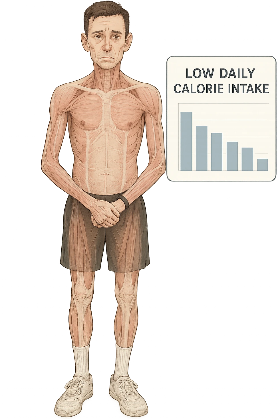 a lean man stands in a clinical setting, with a semi-transparent overlay showing reduced muscle mass and minimal fat stores. His expression is slightly fatigued, and a digital chart beside him displays a low daily calorie intake. The background is clean and modern, emphasizing the effects of a low-calorie diet. emoji