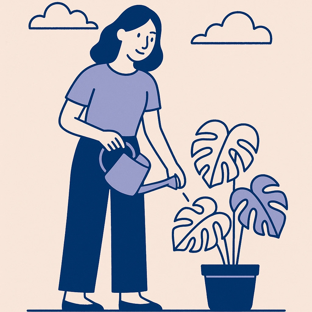 woman watering her monstera plant emoji