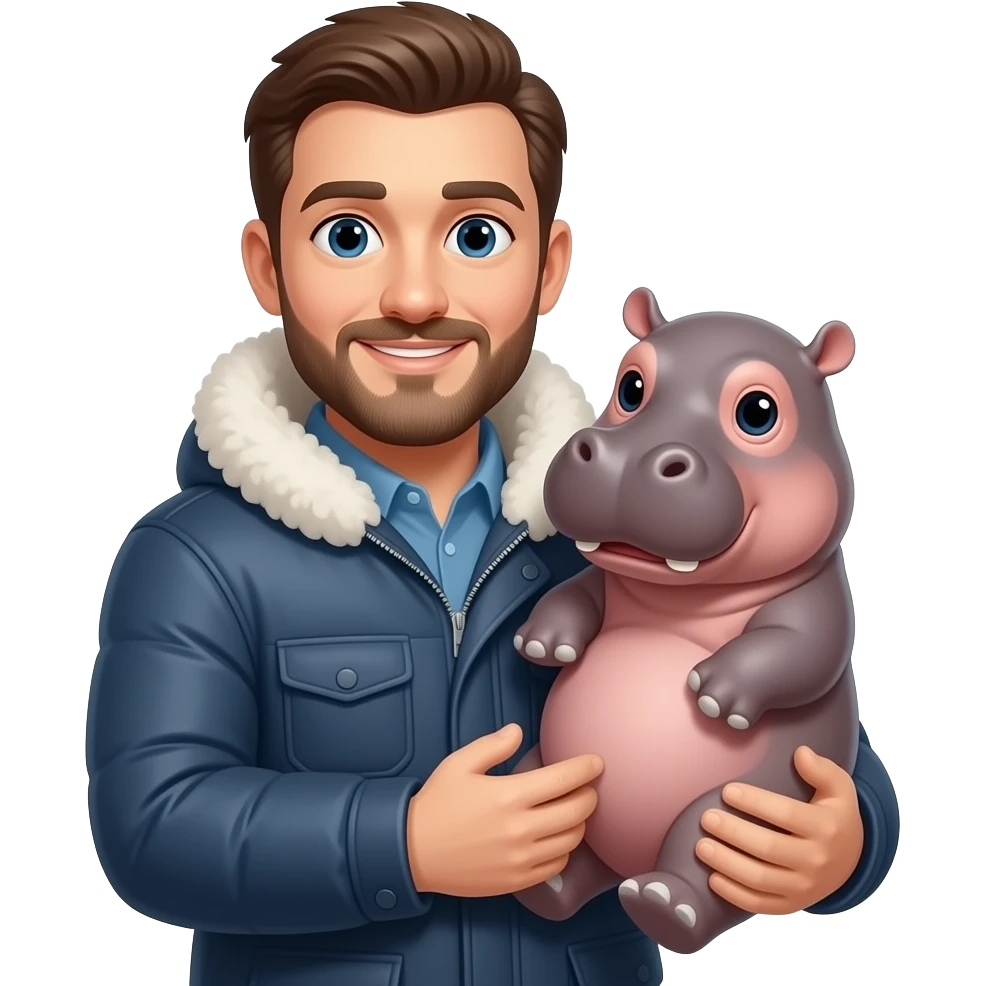 a man with winter coat with cute baby hippopotamus emoji