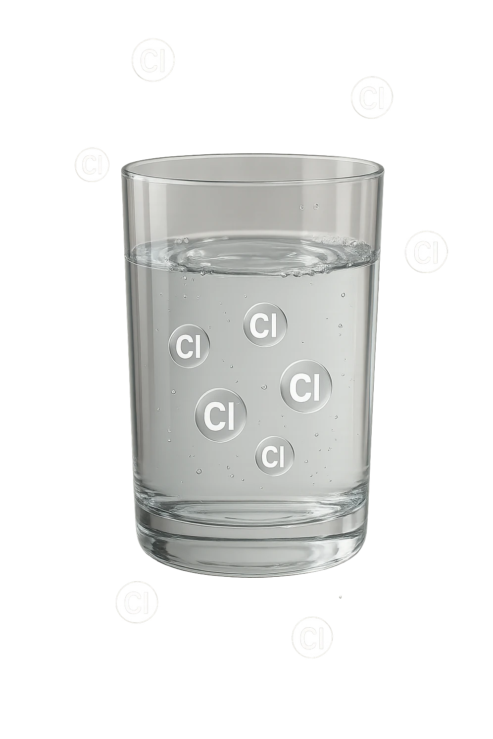 un bicchiere di acqua realistico e dettagliato fluttua in aria, dentro l'acqua del bicchiere ci sono particelle di cloro ben visibili con la scritta "Cl" sopra, ci sono particelle anche che escono dal bicchiere e fluttuano in aria verticalmente, mentre alcune sono all'interno dell'acqua nel bicchiere, iperrealistico 4k emoji