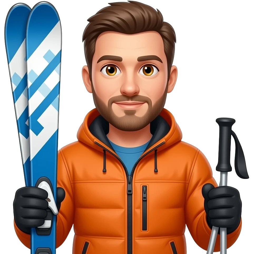 man holding blue and white patterned skis in one hand and poles in the other, no helment, hazel eyes, organge jacket, no bead no stubble emoji