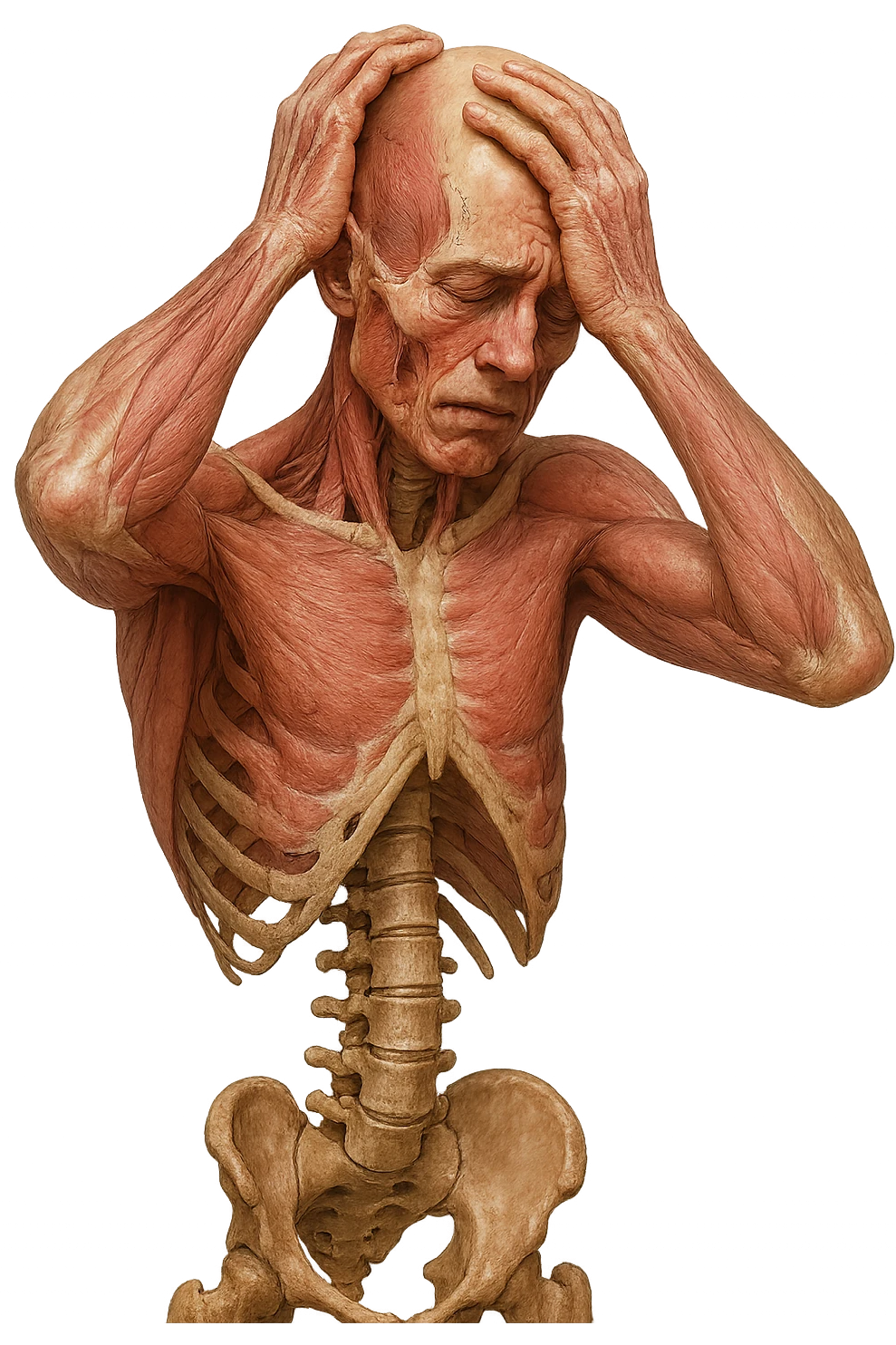 CORPO UMANO ANATOMICO con spina dorsale in evidenza, molto stanca e stressata mentre si tiene le mani sulla testa, IPERREALISTICO 4K emoji