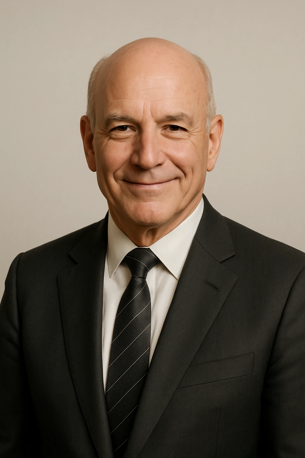 old bald professional man, suit and tie, confident smile, minimal background emoji