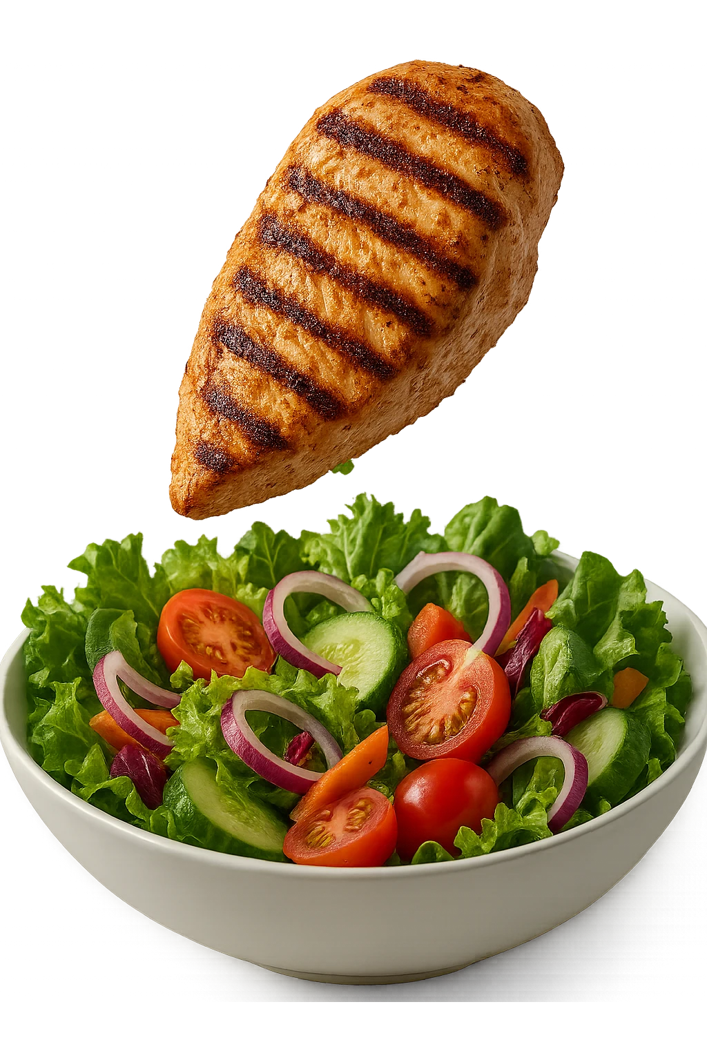 INSALATA CON PETTO DI POLLO GRIGLIATO CHE CADE DALL'ALTO, IPERREALISTICO 4K emoji